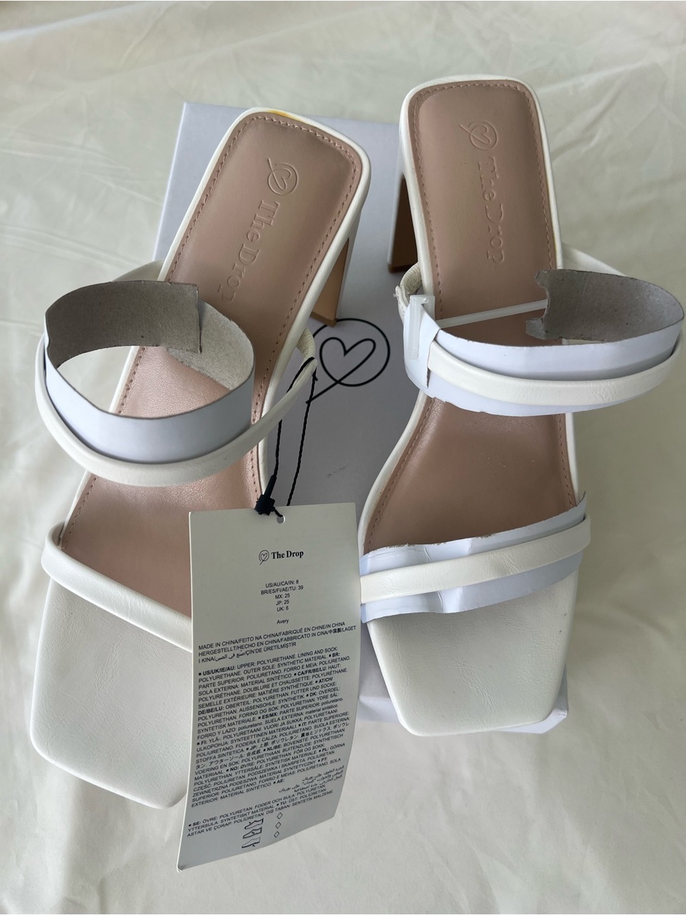 Avery White Double-Strap Square Toe Block Heels